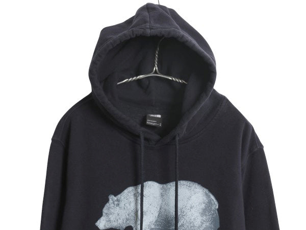 US企画 ノースフェイス プリント スウェット フード パーカー メンズ M / 裏起毛 プルオーバー トレーナー ベア イラスト グラフィック 紺