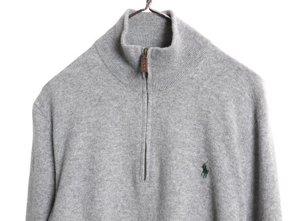 ポロ ラルフローレン ハーフジップ ニット セーター メンズ XL 小さめ L 程/ メリノ ウール ハイネック リブ編み ワンポイント ポニー 灰