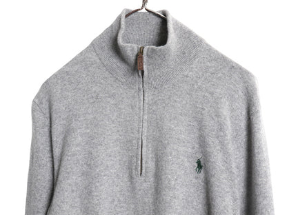 ポロ ラルフローレン ハーフジップ ニット セーター メンズ XL 小さめ L 程/ メリノ ウール ハイネック リブ編み ワンポイント ポニー 灰