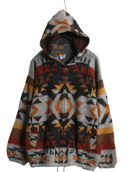 90s エクアドル製 ネイティブ 総柄 フルジップ ウール ニット パーカー メンズ レディース M 古着 オールド フード ジャケット セーター