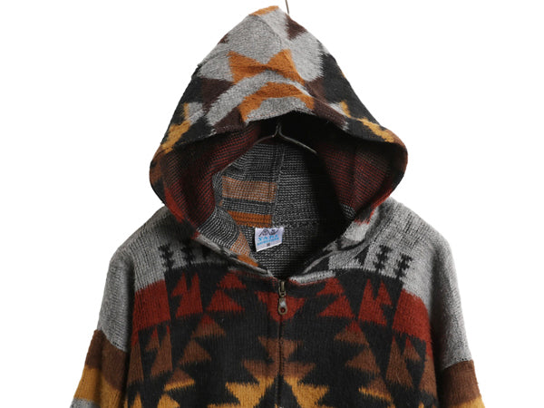 90s エクアドル製 ネイティブ 総柄 フルジップ ウール ニット パーカー メンズ レディース M 古着 オールド フード ジャケット セーター