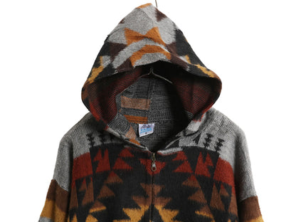 90s エクアドル製 ネイティブ 総柄 フルジップ ウール ニット パーカー メンズ レディース M 古着 オールド フード ジャケット セーター