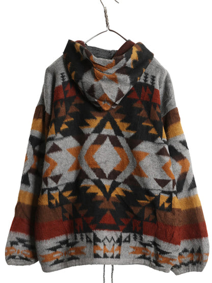 90s エクアドル製 ネイティブ 総柄 フルジップ ウール ニット パーカー メンズ レディース M 古着 オールド フード ジャケット セーター