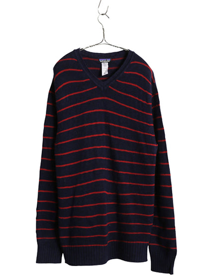 パタゴニア ラム ウール ボーダー ニット セーター メンズ M / 14年製 Vネック長袖ニット シンプル ゆったり リブ編み ツートン アウトドア