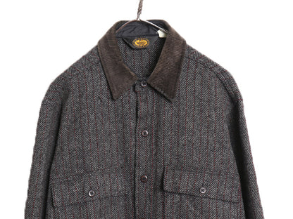 90s USA製 ウールリッチ ツイード ウール シャツ メンズ L / オールド 長袖シャツ 襟 コーデュロイ ジャケット ヘリンボーンストライプ CPO