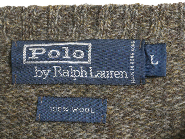 90s ポロ ラルフローレン ニット セーター メンズ L / オールド 長袖ニット ウール クルーネック ミドルゲージ 本革 レザー エルボーパッチ