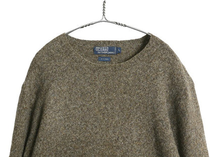 90s ポロ ラルフローレン ニット セーター メンズ L / オールド 長袖ニット ウール クルーネック ミドルゲージ 本革 レザー エルボーパッチ