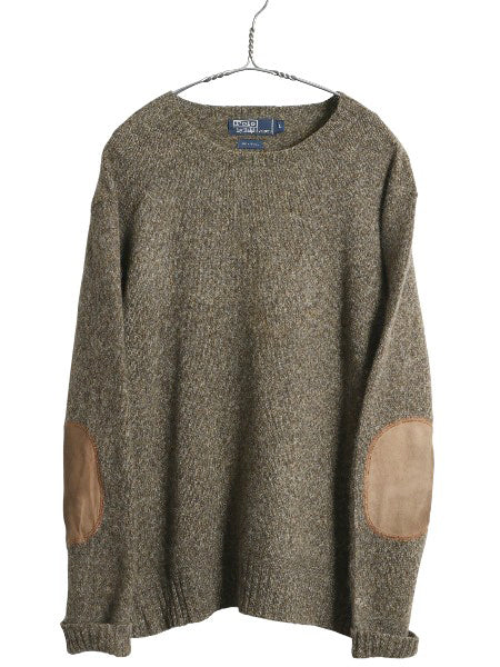 90s ポロ ラルフローレン ニット セーター メンズ L / オールド 長袖ニット ウール クルーネック ミドルゲージ 本革 レザー エルボーパッチ