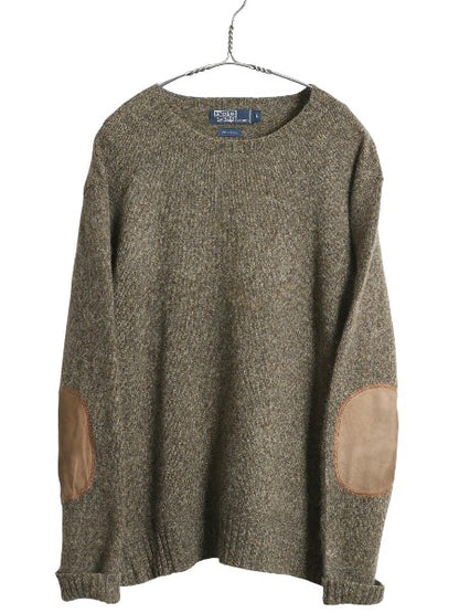 90s ポロ ラルフローレン ニット セーター メンズ L / オールド 長袖ニット ウール クルーネック ミドルゲージ 本革 レザー エルボーパッチ