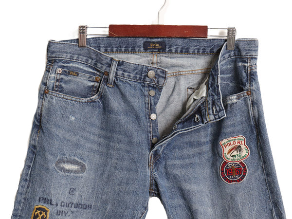 ポロ ラルフローレン デニム パンツ メンズ 36 32 / リペア クラッシュ ワッペン ヴィンテージ 加工 ジーンズ ジーパン スリム ストレート 