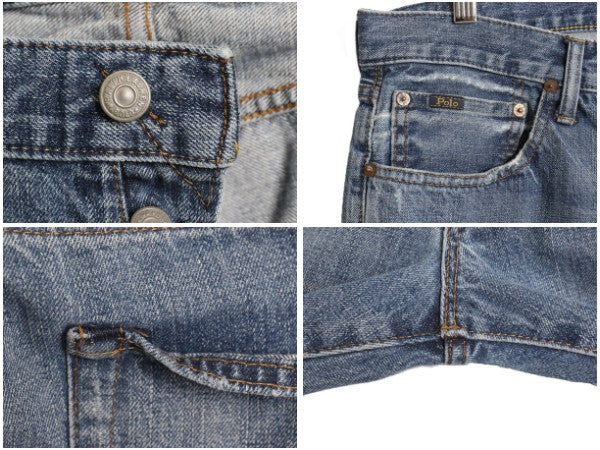 ポロ ラルフローレン デニム パンツ メンズ 36 32 / リペア クラッシュ ワッペン ヴィンテージ 加工 ジーンズ ジーパン スリム ストレート 