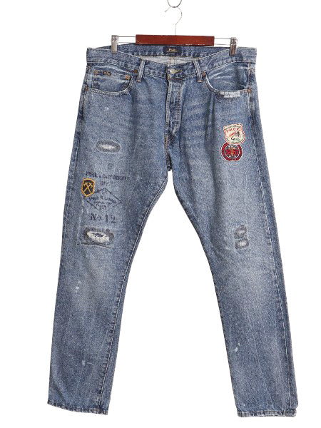 ポロ ラルフローレン デニム パンツ メンズ 36 32 / リペア クラッシュ ワッペン ヴィンテージ 加工 ジーンズ ジーパン スリム ストレート 