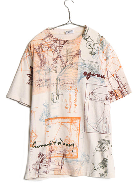90s USA製 ★ ダヴィンチ アート オールオーバー プリント Tシャツ メンズ L / オールド 当時物 偉人 グラフィック 総柄 シングルステッチ
