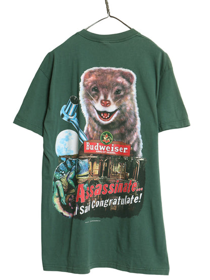 90s バドワイザー 両面 イラスト プリント Tシャツ メンズ L オールド オフィシャル フェレット キャラクター ビール 企業 当時物 アニマル