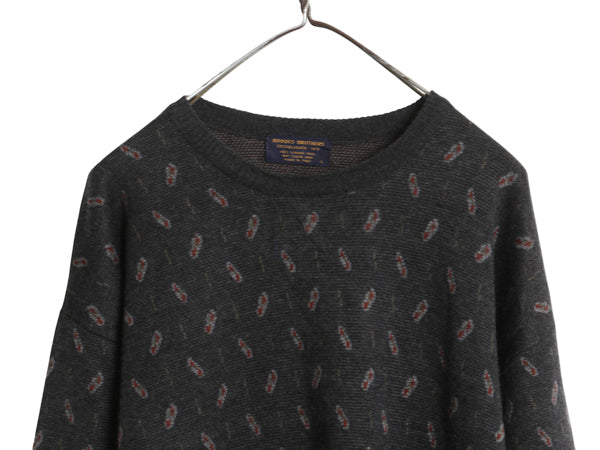 80s イタリア製 ブルックスブラザーズ デザイン ニット セーター メンズ L / ヴィンテージ メリノ ウール 総柄 長袖ニット クルーネック 灰