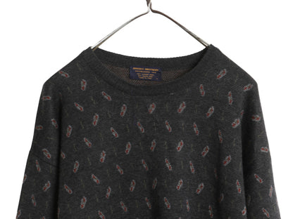 80s イタリア製 ブルックスブラザーズ デザイン ニット セーター メンズ L / ヴィンテージ メリノ ウール 総柄 長袖ニット クルーネック 灰