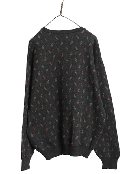 80s イタリア製 ブルックスブラザーズ デザイン ニット セーター メンズ L / ヴィンテージ メリノ ウール 総柄 長袖ニット クルーネック 灰