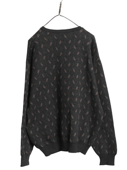 80s イタリア製 ブルックスブラザーズ デザイン ニット セーター メンズ L / ヴィンテージ メリノ ウール 総柄 長袖ニット クルーネック 灰