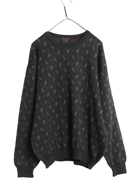 80s イタリア製 ブルックスブラザーズ デザイン ニット セーター メンズ L / ヴィンテージ メリノ ウール 総柄 長袖ニット クルーネック 灰