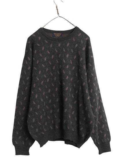 80s イタリア製 ブルックスブラザーズ デザイン ニット セーター メンズ L / ヴィンテージ メリノ ウール 総柄 長袖ニット クルーネック 灰