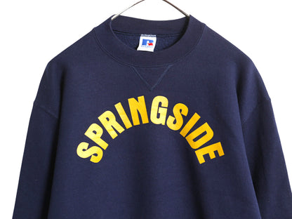 90s USA製 ラッセル プリント スウェット メンズ レディース L  オールド トレーナー 前V 裏起毛 クルーネック シンプル ゆったり ネイビー