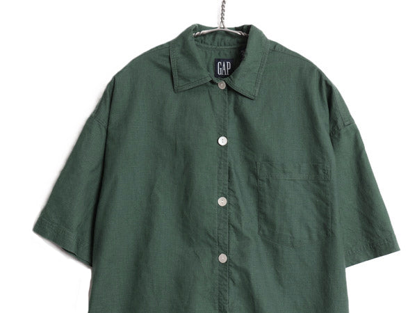 90s オールド ギャップ 半袖 シャツ レディース M 旧タグ 無地 リネン コットン 高級素材 ボックス カジュアル シンプル 薄手 ゆったり 緑