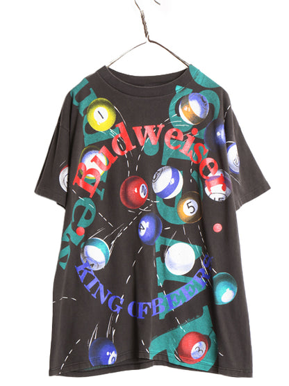 90s USA製 ★ バドワイザー ビリヤード オールオーバー プリント Tシャツ メンズ L / オールド 企業物 当時物 グラフィック ビール 総柄 