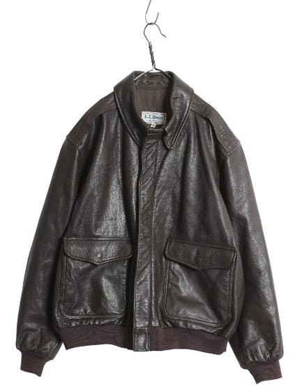 90s エルエルビーン A-2 タイプ 本革 レザー フライト ジャケット メンズ XL / オールド 革ジャン ブルゾン ボンバー 中綿 大きいサイズ 茶