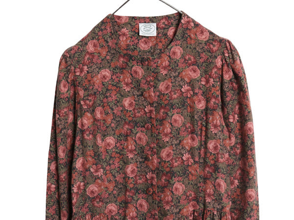 80s イギリス製 LAURA ASHLEY ノーカラー 長袖 ロング ワンピース レディース S / ヴィンテージ 総柄 ボタニカル コットン ウール マキシ丈
