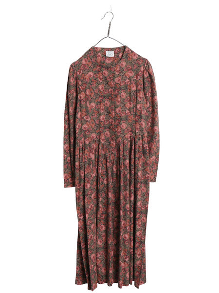 80s イギリス製 LAURA ASHLEY ノーカラー 長袖 ロング ワンピース レディース S / ヴィンテージ 総柄 ボタニカル コットン ウール マキシ丈