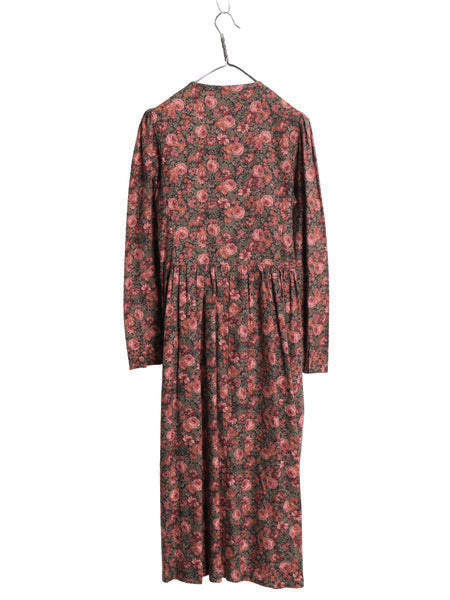 80s イギリス製 LAURA ASHLEY ノーカラー 長袖 ロング ワンピース レディース S / ヴィンテージ 総柄 ボタニカル コットン ウール マキシ丈