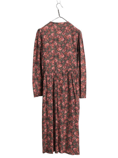 80s イギリス製 LAURA ASHLEY ノーカラー 長袖 ロング ワンピース レディース S / ヴィンテージ 総柄 ボタニカル コットン ウール マキシ丈