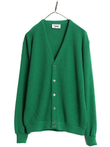 80s JCペニー フォックス アクリル ニット カーディガン メンズ レディース L 古着 ヴィンテージ 羽織り 前開き セーター ワンポイント 緑