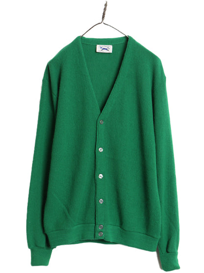 80s JCペニー フォックス アクリル ニット カーディガン メンズ レディース L 古着 ヴィンテージ 羽織り 前開き セーター ワンポイント 緑