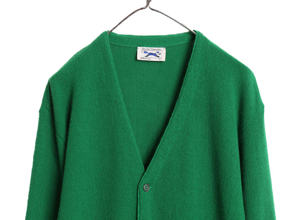 80s JCペニー フォックス アクリル ニット カーディガン メンズ レディース L 古着 ヴィンテージ 羽織り 前開き セーター ワンポイント 緑