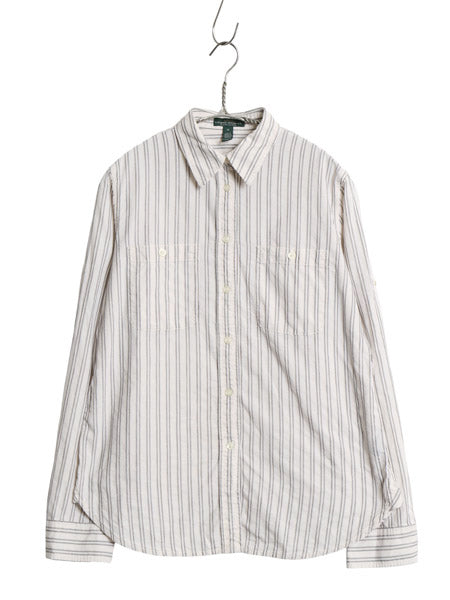 00s ラルフローレン ジーンズ ストライプ 長袖 シャツ レディース M オールド ブラウス ロールアップ 織柄 マチ付き ヴィンテージ モデル