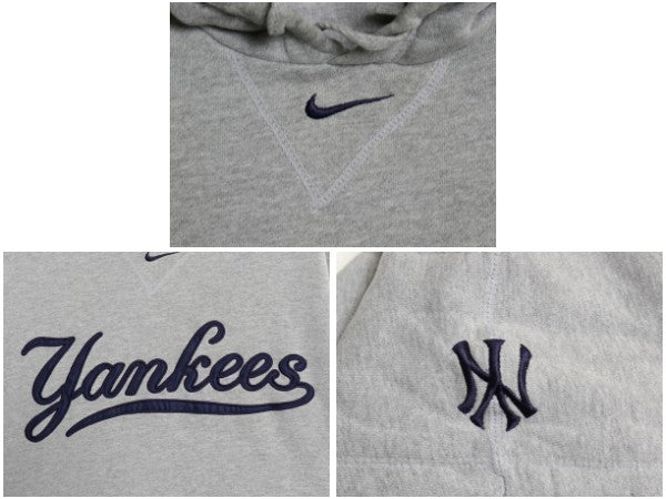 00s ヤンキース スウェット フード パーカー メンズ M オールド MLB 大リーグ オフィシャル ナイキ スウッシュ 裏起毛 前V プルオーバー 灰