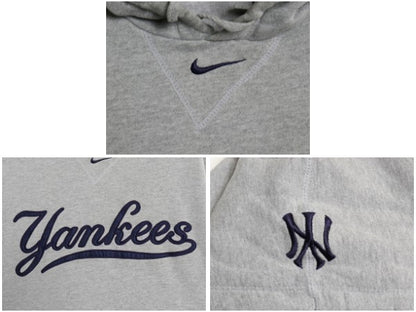 00s ヤンキース スウェット フード パーカー メンズ M オールド MLB 大リーグ オフィシャル ナイキ スウッシュ 裏起毛 前V プルオーバー 灰