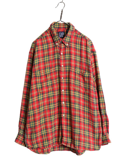 90s オールド ギャップ チェック ボタンダウン ヘビー フランネル シャツ メンズ XL / 紺タグ コットン レーヨン ネルシャツ 大きいサイズ
