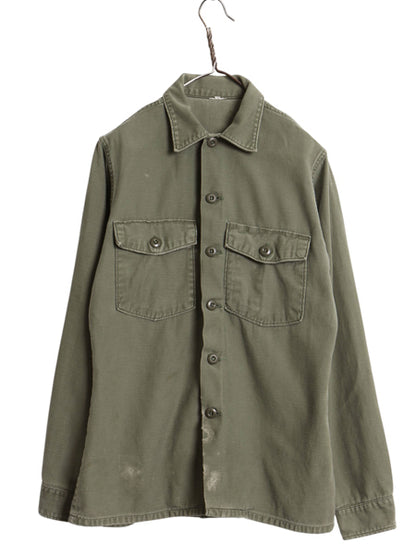 70s 米軍実物 US ARMY コットン サテン ユーティリティ シャツ M 程 ヴィンテージ 71年製 OG107 シャツ袖 3rd ミリタリー 軍物 オリーブ 