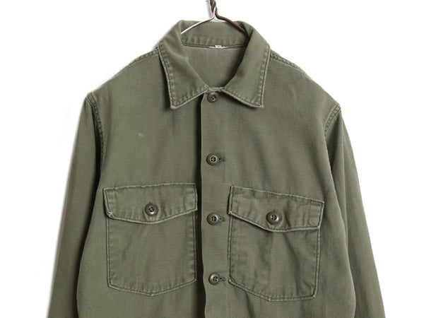 70s 米軍実物 US ARMY コットン サテン ユーティリティ シャツ M 程 ヴィンテージ 71年製 OG107 シャツ袖 3rd ミリタリー 軍物 オリーブ 