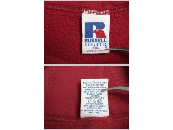 90s ラッセル カレッジ プリント スウェット フード パーカー メンズ レディース XXL / オールド トレーナー 裏起毛 大きいサイズ スポーツ