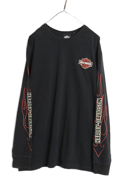 ハーレー ダビッドソン 長袖 Tシャツ メンズ XL / バイク ロンT ファイヤー イラスト プリント ロゴ 刺繍 大きいサイズ ヘビーウェイト 黒