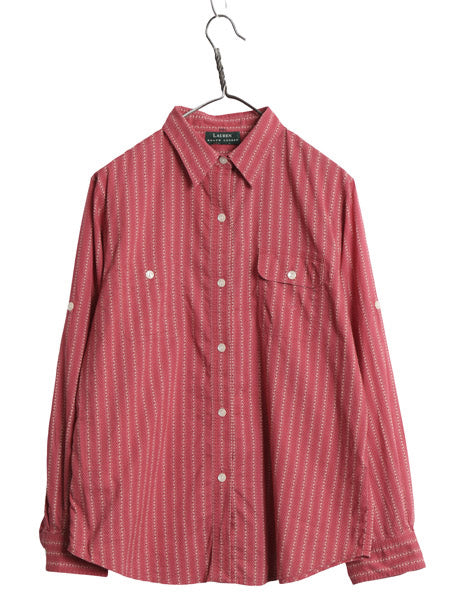 90s ローレン ラルフローレン 総柄 長袖 シャツ レディース M オールド ストライプ ブラウス ロールアップ ガチャポケ ヴィンテージ モデル