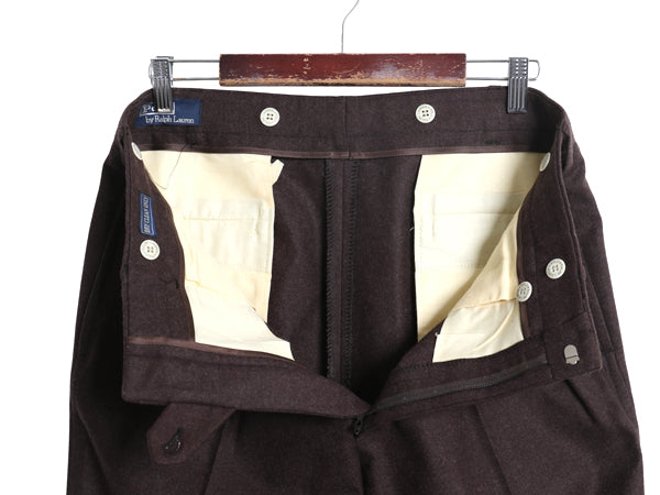 80s ポロ ラルフローレン ウール スラックス パンツ メンズ 実寸 34 29 / ヴィンテージ ツータック ストレート フラノ トラウザー ブラウン