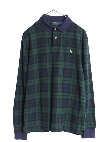 ポロ ラルフローレン 鹿の子 長袖 ポロシャツ メンズ L / CUSTOM SLIM FIT ブラックウォッチ チェック コットン ワンポイント ポニー 刺繍