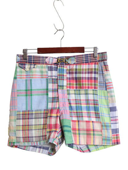 70s 80s USA製 hampton パッチワーク ショートパンツ レディース M 程 ヴィンテージ インディアン マドラス チェック ショーツ ノータック