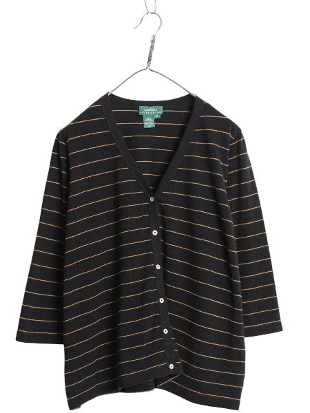 00s ローレン ラルフローレン ボーダー 鹿の子 カーディガン レディース XL ポロ オールド 7分袖 前開き コットン セーター 黒 薄手 重ね着