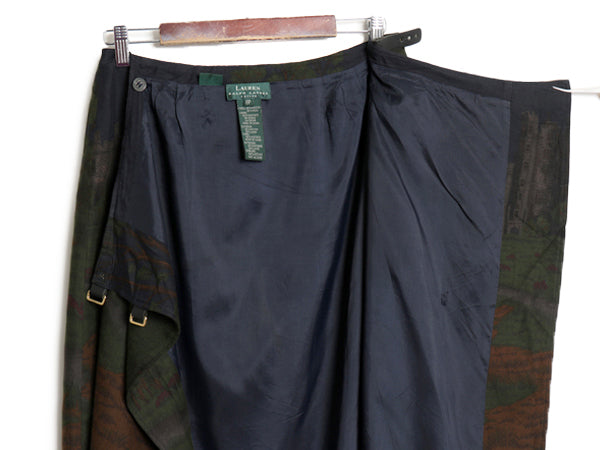 90s LAUREN ラルフローレン ロング ラップ スカート レディース M 程/ オールド ポロ レーヨン ウール マキシ丈 フレア 本革レザー ベルト