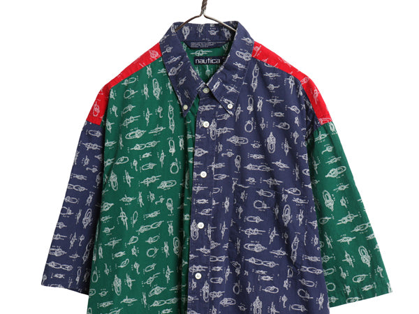 90s ノーティカ 総柄 半袖 ボタンダウン シャツ メンズ XL / オールド 半袖シャツ コットン クレイジー パターン カジュアル 大きいサイズ